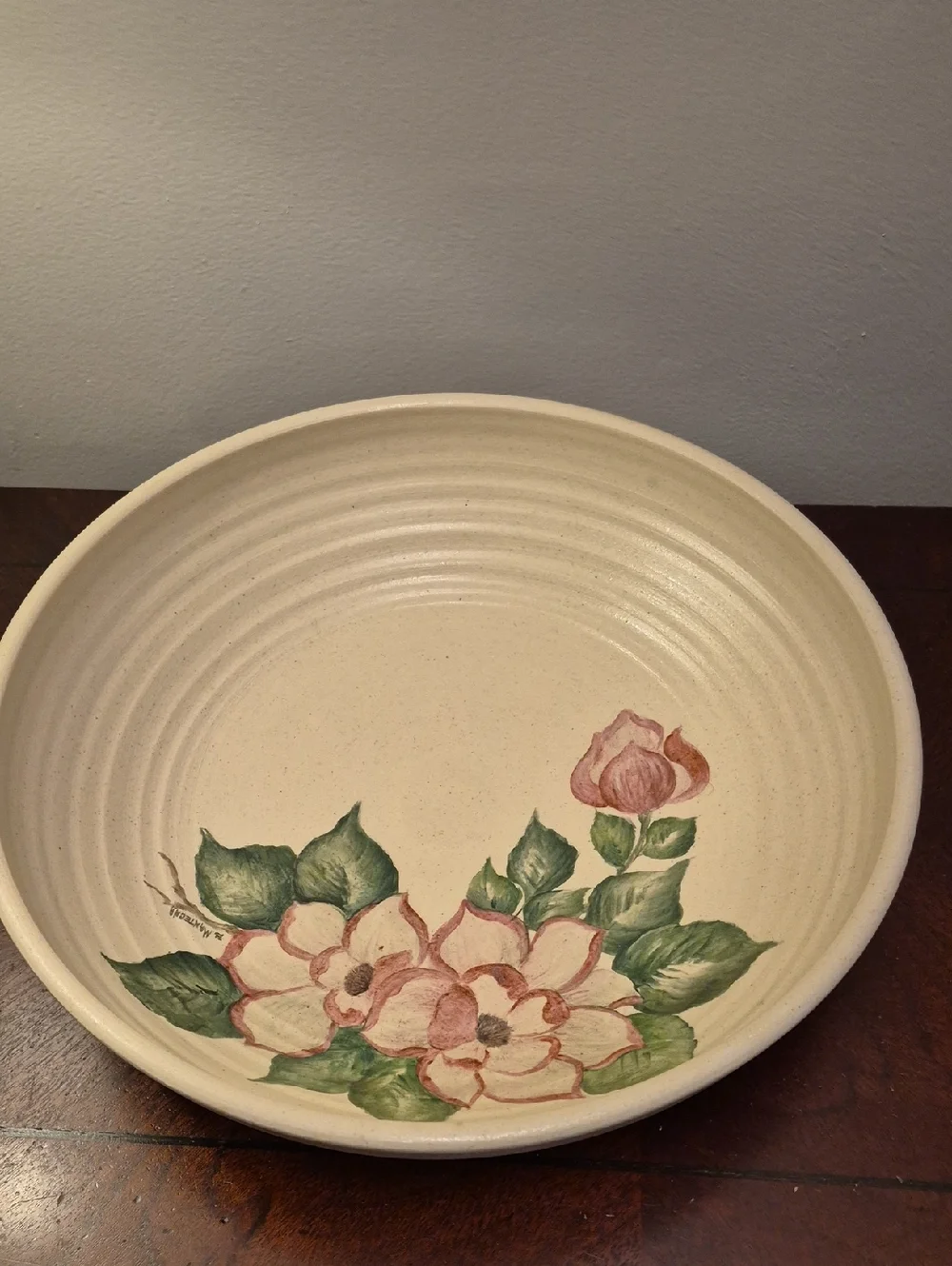 B. Mantegna Hand-Painted Floral‎ Mixing Bowl - Cream with Green and Pink Accents